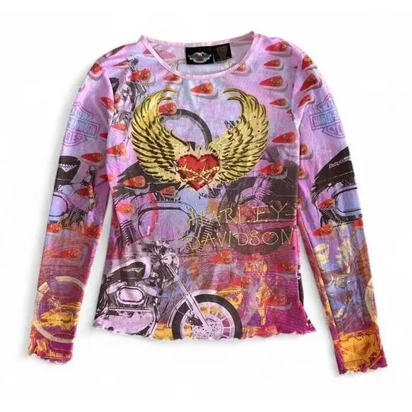 Vintage 90s Harley Davidson Women’s Mesh Long Sleeve Top Rhinestones Size S Y2K - Picture 2 of 5